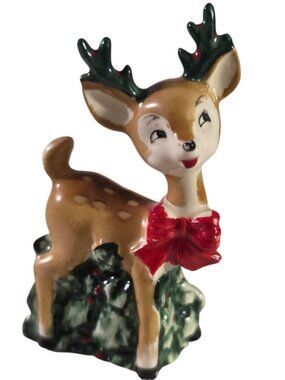 Vintage Lefton #709 Reindeer Salt/Pepper Shaker 3.75" Stopper Christmas Ceramic